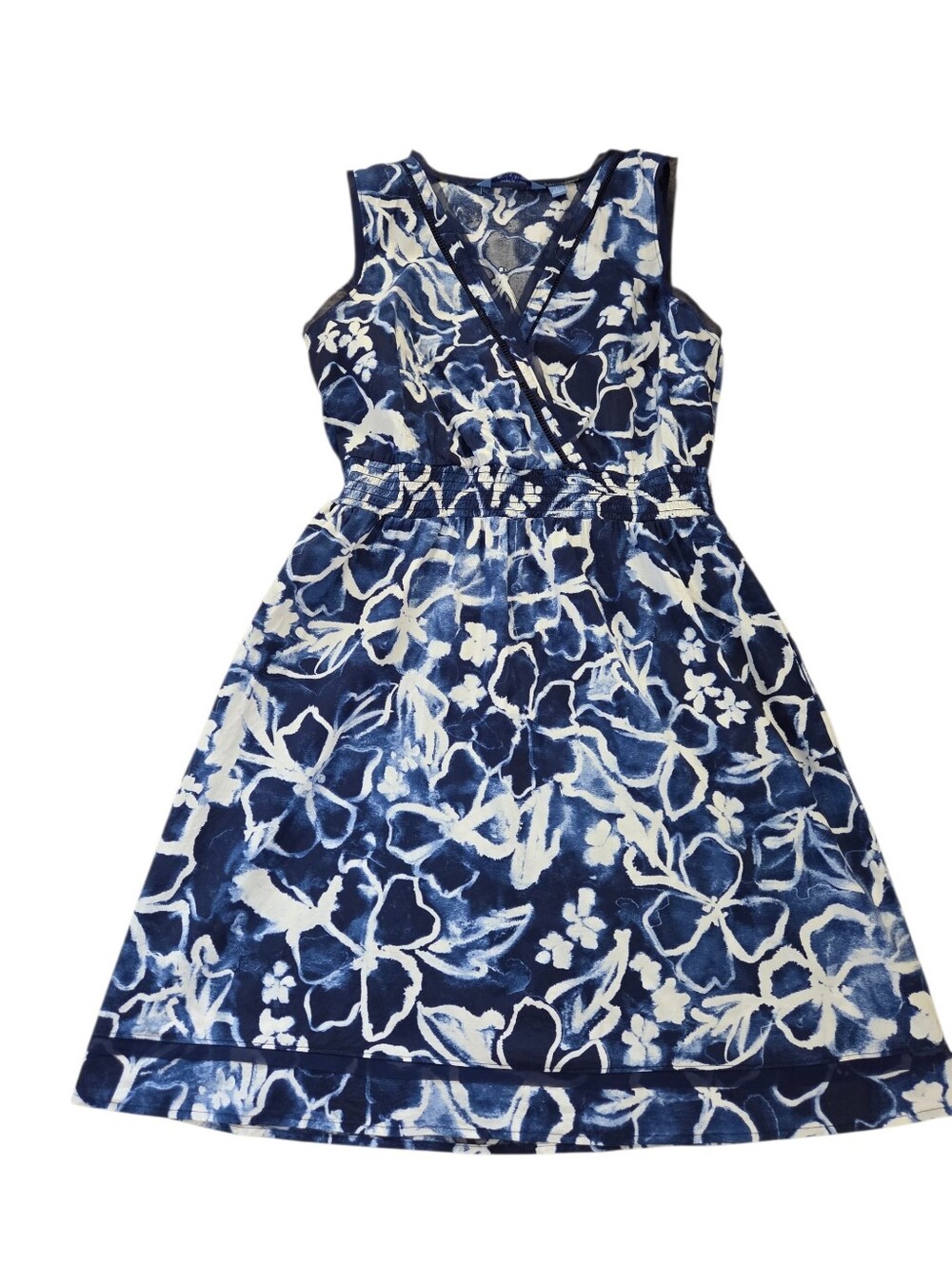 Simply Vera blue/white floral sleeveless A-line dress, L. EUC.